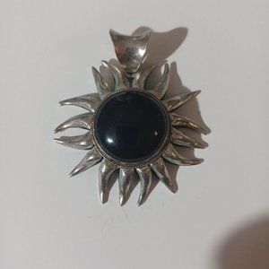 Vintage 925 Sterling Silver Large black Onyx 3D Sun Pendant 2 1/4 inches